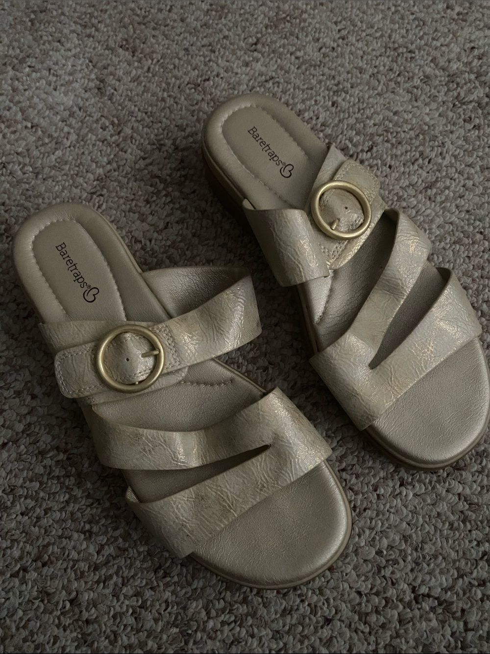 BareTraps Metallic Gold Strappy Slide Sandals with Round Buckle